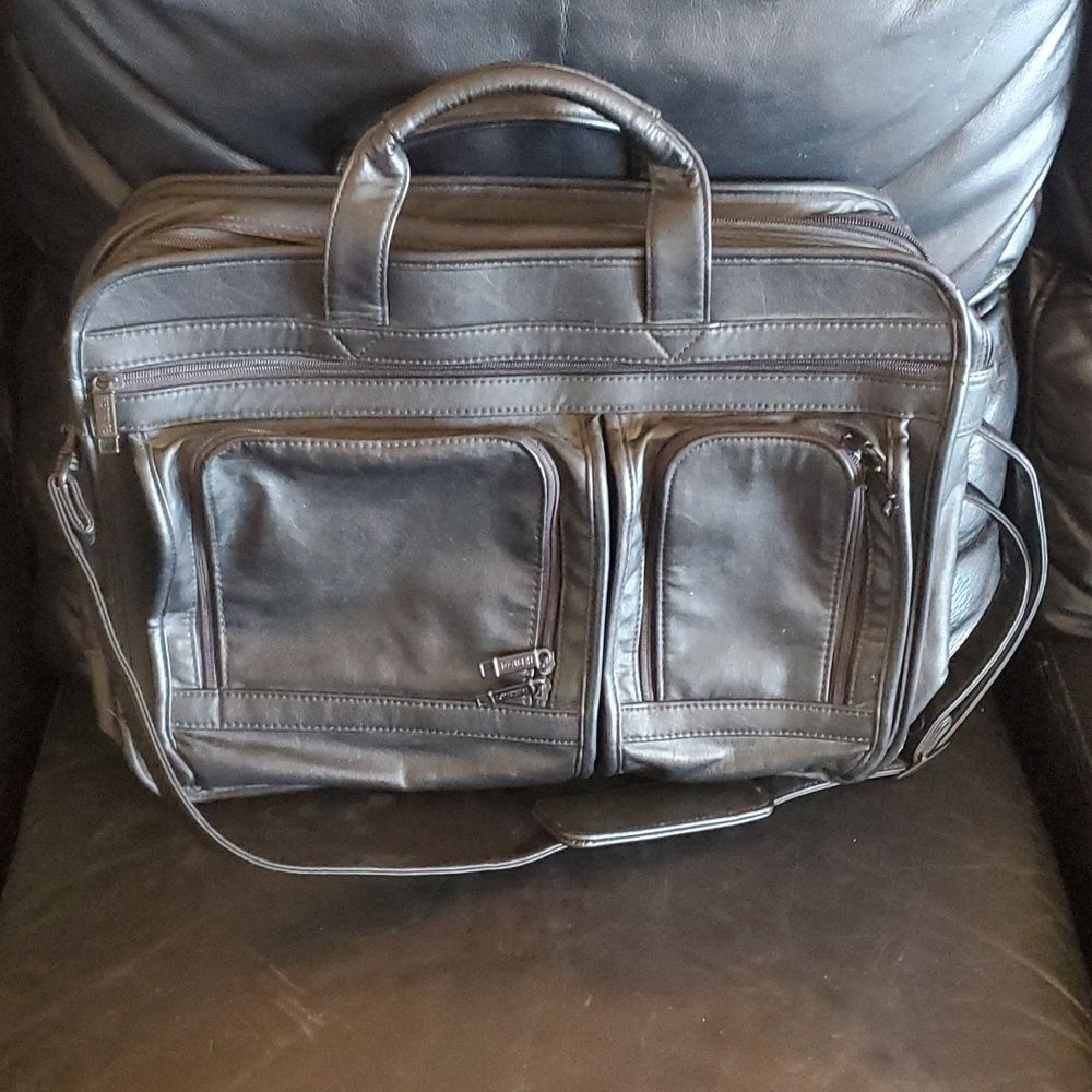 Black Leather Laptop Briefcase Case Messenger Bag Portfolio Vintage 90s
